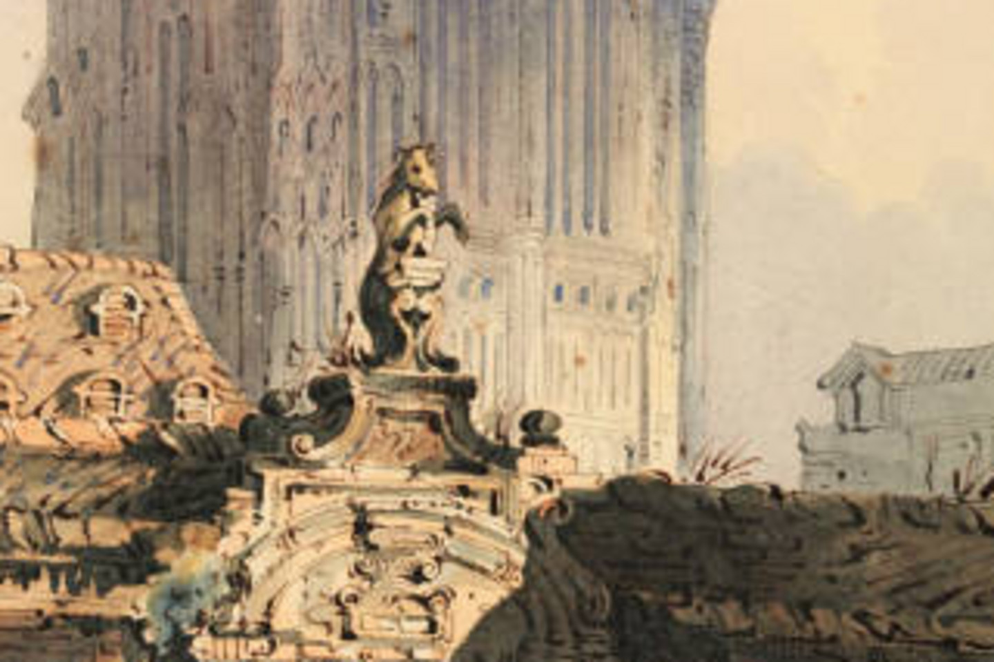 Südturm des Kölner Doms und alte Propstei (Zeichnung, Samuel Prout)