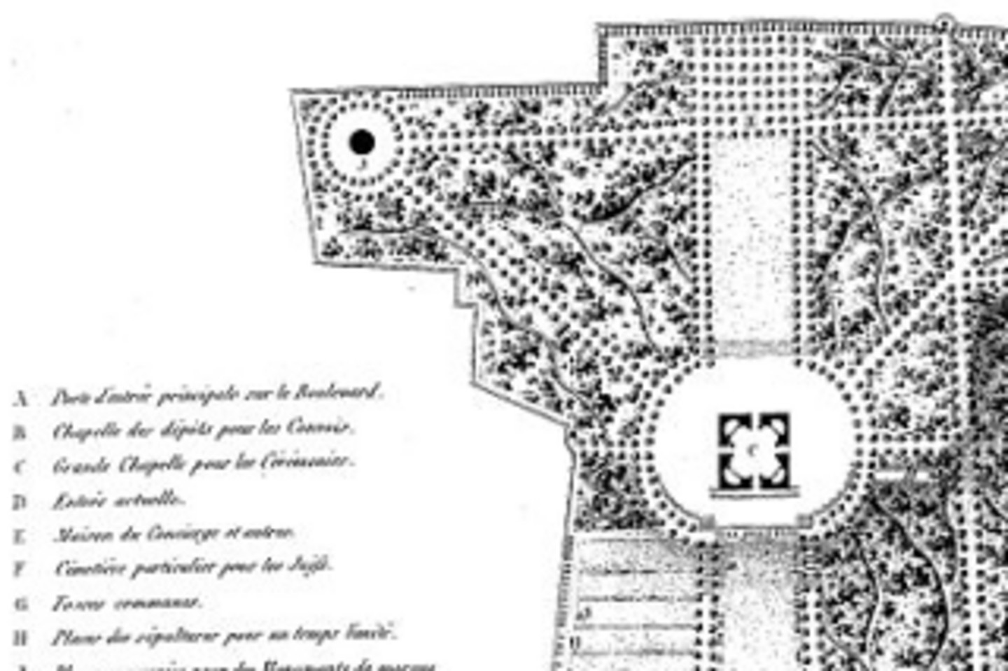 Kupferstich mit einem Plan des Pariser Friedhofs Père Lachaise